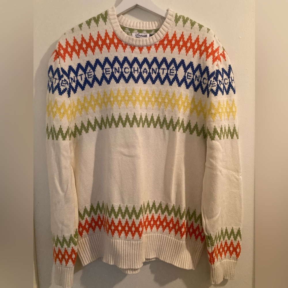 Cream Fair Isle Crewneck Sweater with Multicolor Zigzag
